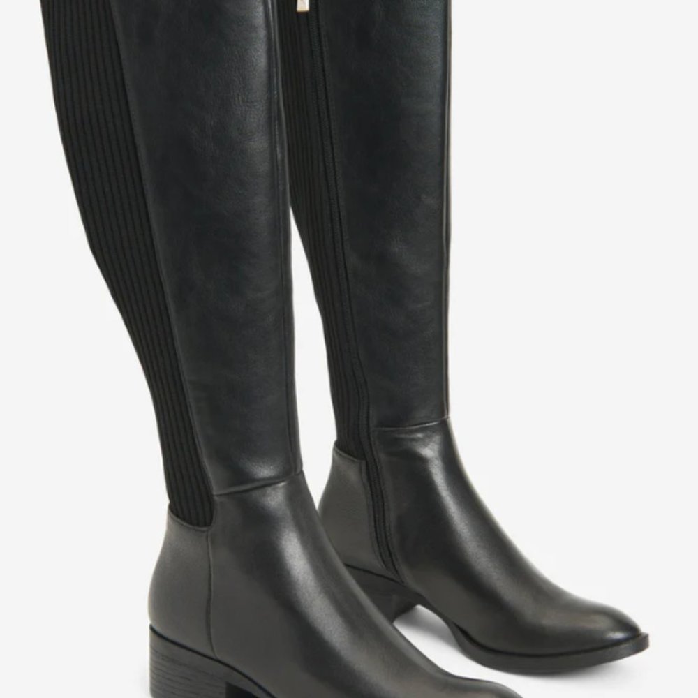Kenneth Cole Level Leather & Rib Knit Knee High Boots in Black, Size 8.5